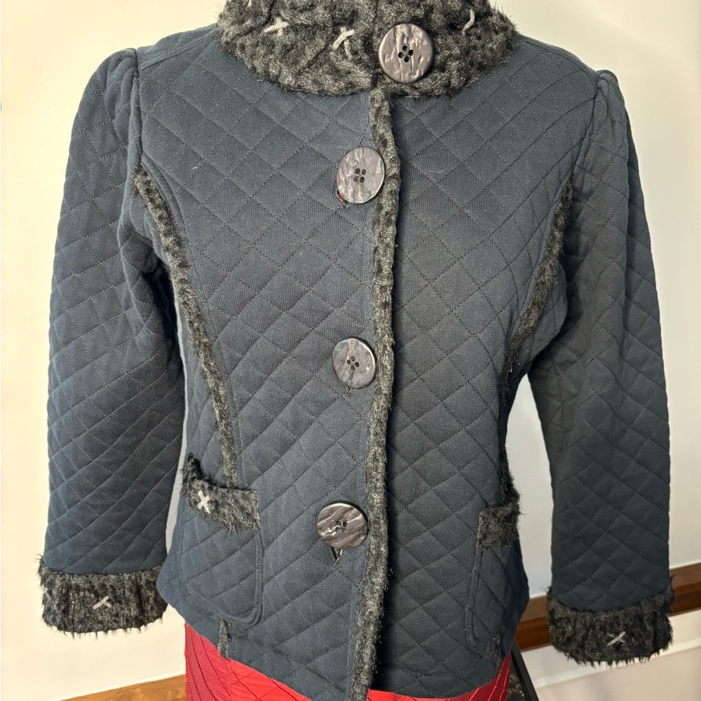 Gray Quilted Blazer with Ruffled Collar